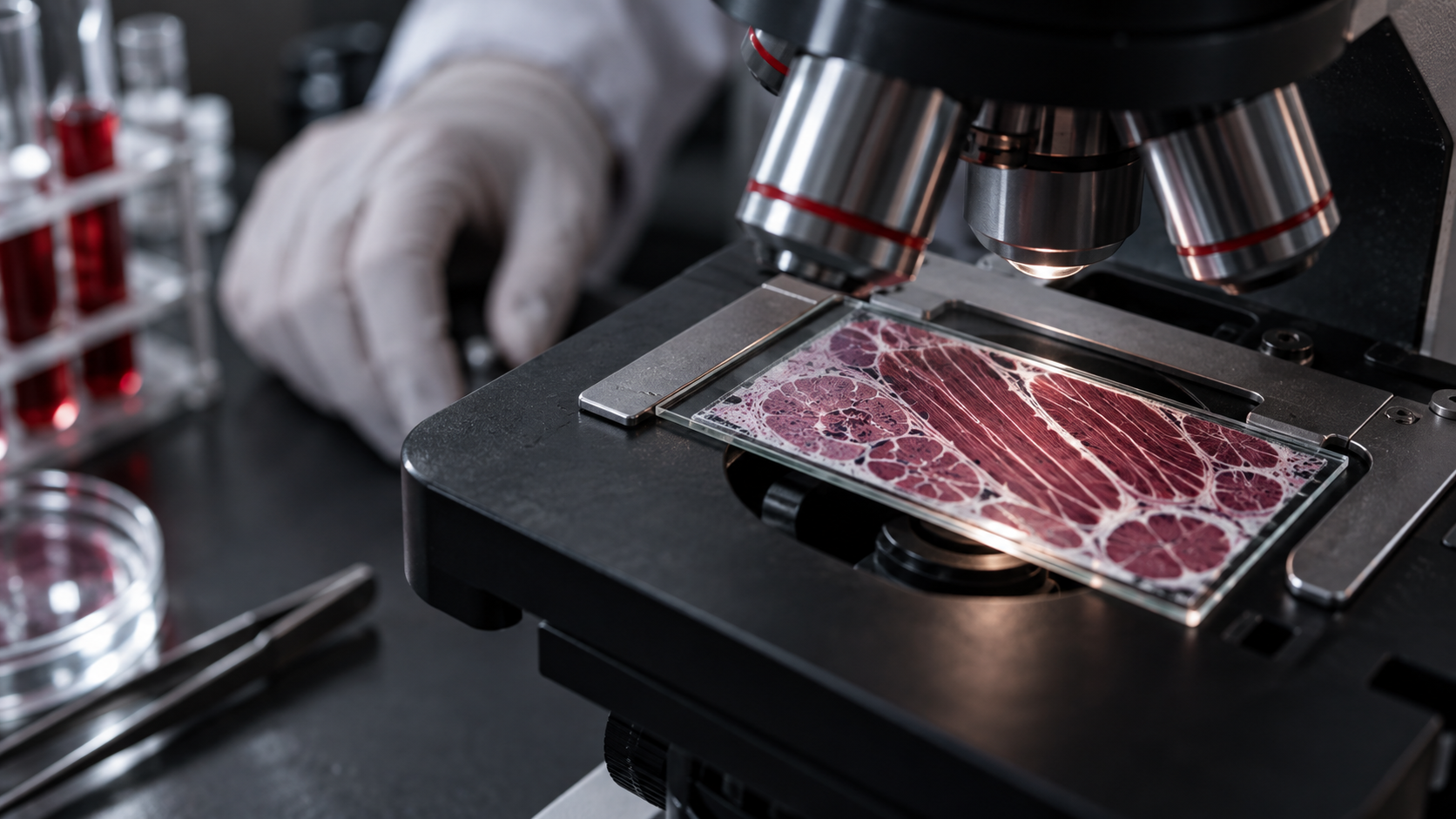 Muscle tissue slide being examined under a laboratory microscope