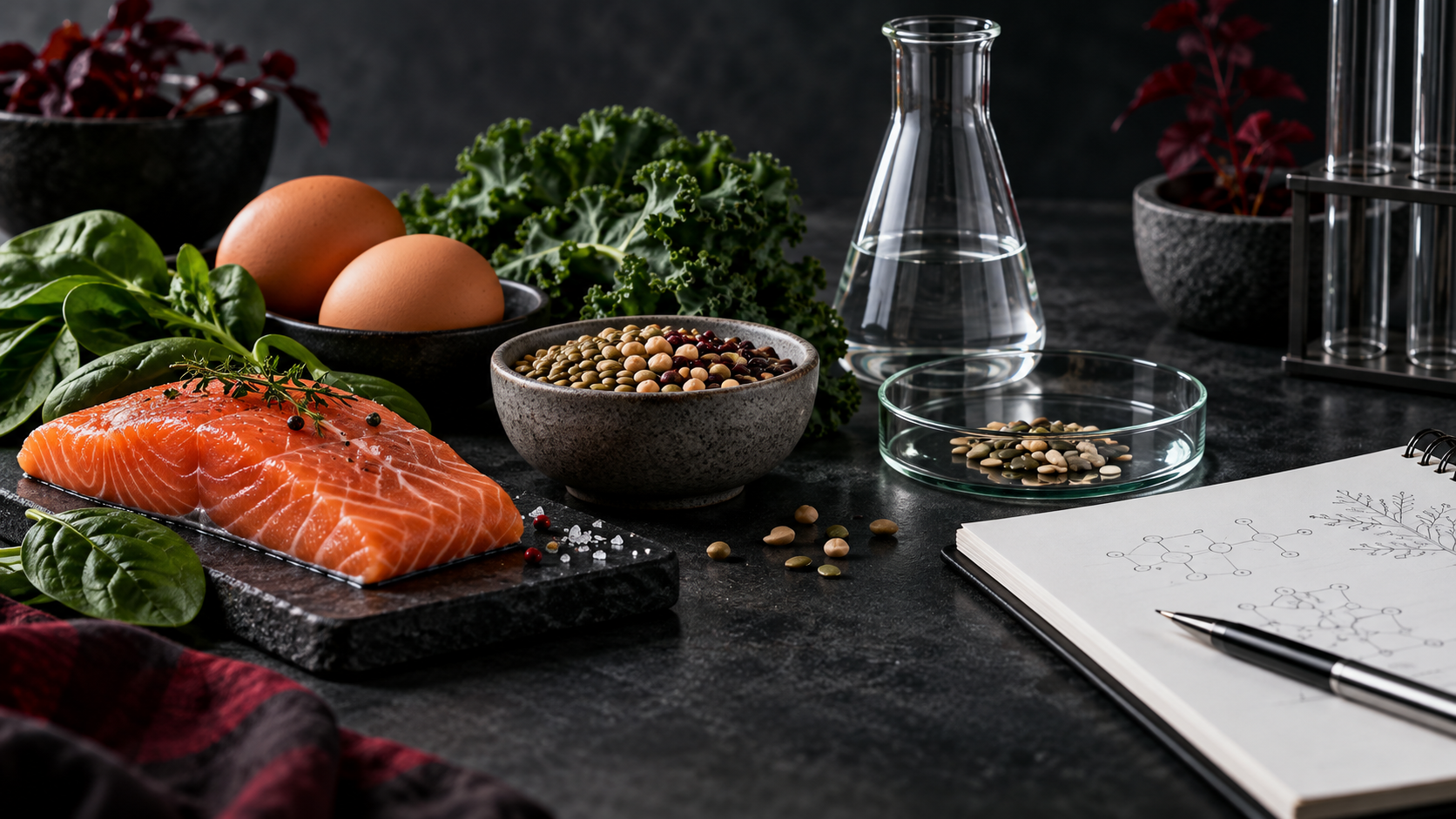 Protein-rich foods beside laboratory glassware and a research notebook
