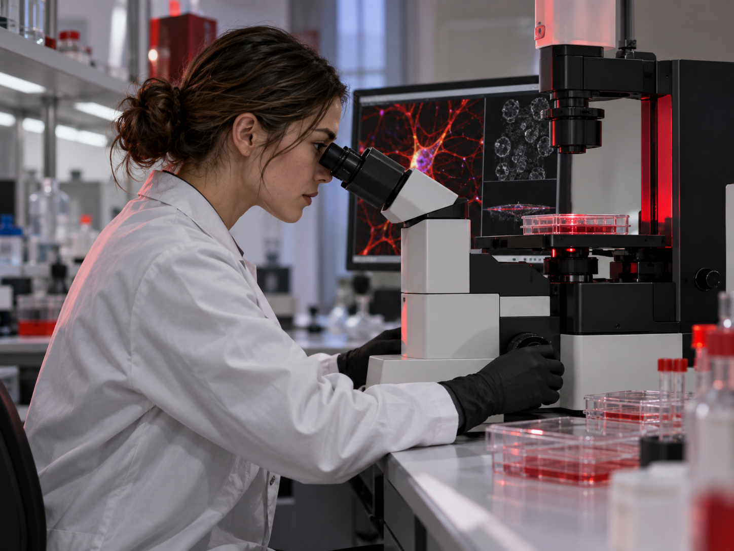 Researcher using a microscope in a cell biology laboratory