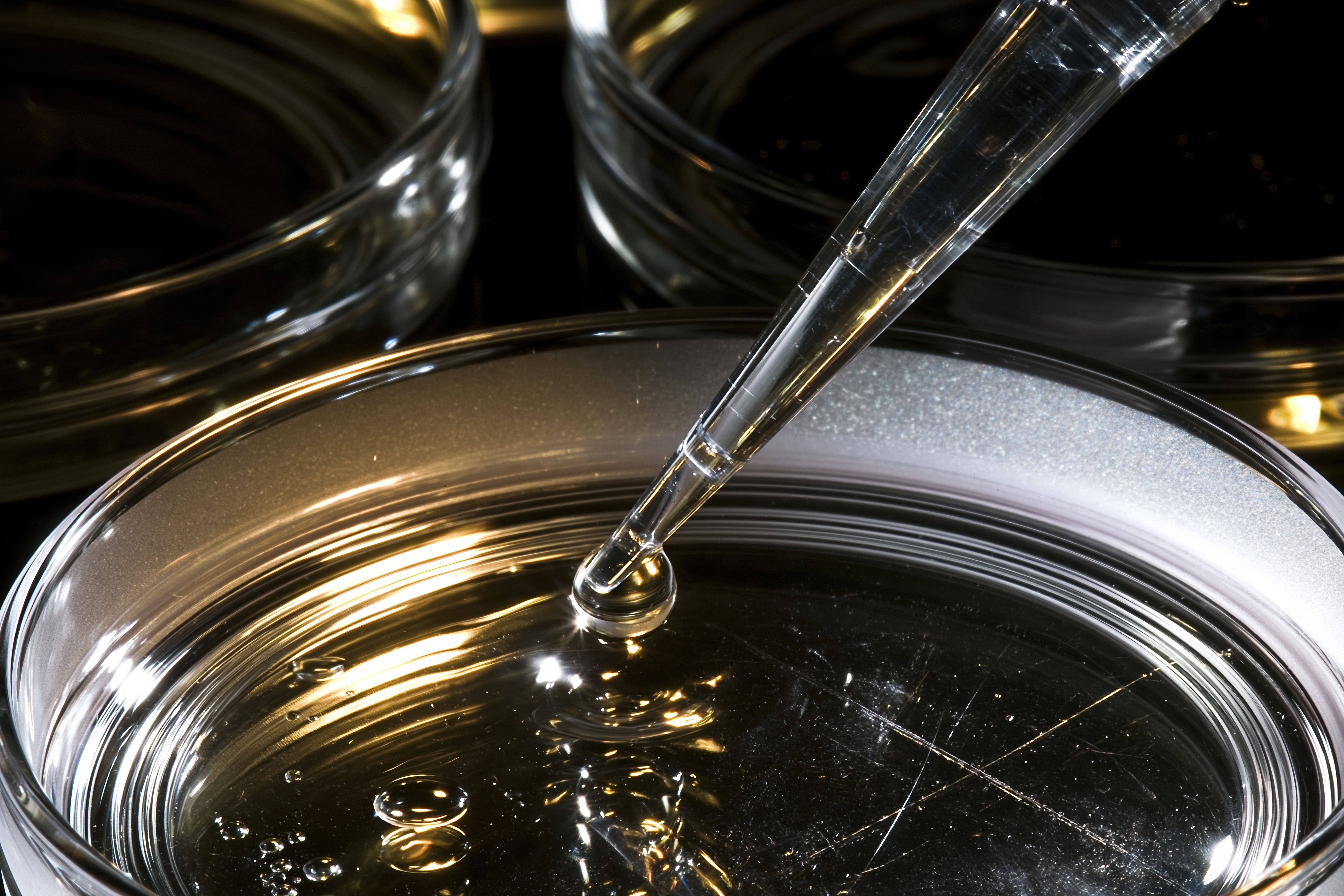 Pipette dispensing a sample into a laboratory dish
